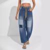 image:imagechouyatou Womens Patchwork Mid Rise Barrel Jeans Wide Leg Baggy Loose Y2k Boyfriend Denim Pants JeansDark Blue