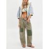 image:imagechouyatou Womens Patchwork Mid Rise Barrel Jeans Wide Leg Baggy Loose Y2k Boyfriend Denim Pants JeansGreen