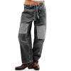 image:imagechouyatou Womens Patchwork Mid Rise Barrel Jeans Wide Leg Baggy Loose Y2k Boyfriend Denim Pants JeansGrey