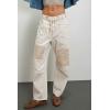 image:imagechouyatou Womens Patchwork Mid Rise Barrel Jeans Wide Leg Baggy Loose Y2k Boyfriend Denim Pants JeansWhite