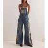 image:imagechouyatou Womens Plaid Patchwork Denim Bib Overalls Y2k Distressed Suspender Strap Jeans Wide Leg Jumpsuit PantsBlue