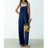 image:imagechouyatou Womens Retro Floral Printed Baggy Denim Bib Overalls Adjustable Strap Wide Leg Jumpsuit Jeans Overall PantDark Blue