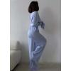 image:imagechouyatou Womens Striped Pajama 2 Piece Sets Button Down Shirt and Wide Leg Pant Lounge Set Casual Loose SleepwearBlue