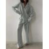 image:imagechouyatou Womens Striped Pajama 2 Piece Sets Button Down Shirt and Wide Leg Pant Lounge Set Casual Loose SleepwearGreen
