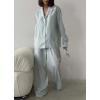 image:imagechouyatou Womens Striped Pajama 2 Piece Sets Button Down Shirt and Wide Leg Pant Lounge Set Casual Loose SleepwearGreen