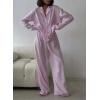 image:imagechouyatou Womens Striped Pajama 2 Piece Sets Button Down Shirt and Wide Leg Pant Lounge Set Casual Loose SleepwearPink
