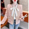 image:imagechouyatou Womens Tweed Blazer Jacket Cropped Open Front Collarless Business Casual Plaid Dressy OutfitPink