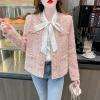 image:imagechouyatou Womens Tweed Blazer Jacket Cropped Open Front Collarless Business Casual Plaid Dressy OutfitPink