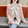 image:imagechouyatou Womens Tweed Blazer Jacket Cropped Open Front Collarless Business Casual Plaid Dressy OutfitPink