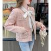 image:imagechouyatou Womens Tweed Blazer Jacket Cropped Open Front Collarless Business Casual Plaid Dressy OutfitPink
