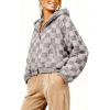 image:imagechouyatou Womens Winter Checkered Faux Fur Coat Fuzzy Fleece Plaid Hooded Zip Up Winter Warm Sherpa JacketGrey