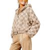 image:imagechouyatou Womens Winter Checkered Faux Fur Coat Fuzzy Fleece Plaid Hooded Zip Up Winter Warm Sherpa JacketLight Khaki