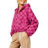 image:imagechouyatou Womens Winter Checkered Faux Fur Coat Fuzzy Fleece Plaid Hooded Zip Up Winter Warm Sherpa JacketRose