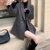 image:imagechouyatou Womens Winter Wool Trench Coat Blazer Jacket Notched Collar Dressy Mid Long Peacoat OuterwearGrey