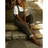 image:imagechouyatou Womens Y2K Leopard Print Denim Bib Overall Pants Wide Leg Cheetah Jeans Jumpsuits Loose RomperGreen