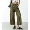 image:imagechouyatou Womens Y2k Floral Printed Wide Leg Jeans Boho Distressed Cropped Jeans High Waisted Baggy Denim PantsArmy Green