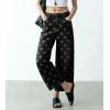 image:imagechouyatou Womens Y2k Floral Printed Wide Leg Jeans Boho Distressed Cropped Jeans High Waisted Baggy Denim PantsBlack