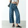 image:imagechouyatou Womens Y2k Floral Printed Wide Leg Jeans Boho Distressed Cropped Jeans High Waisted Baggy Denim PantsBlue
