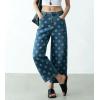 image:imagechouyatou Womens Y2k Floral Printed Wide Leg Jeans Boho Distressed Cropped Jeans High Waisted Baggy Denim PantsBlue