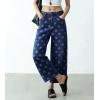 image:imagechouyatou Womens Y2k Floral Printed Wide Leg Jeans Boho Distressed Cropped Jeans High Waisted Baggy Denim PantsDark Blue