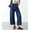 image:imagechouyatou Womens Y2k Floral Printed Wide Leg Jeans Boho Distressed Cropped Jeans High Waisted Baggy Denim PantsDark Blue