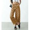 image:imagechouyatou Womens Y2k Floral Printed Wide Leg Jeans Boho Distressed Cropped Jeans High Waisted Baggy Denim PantsKhaki