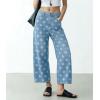 image:imagechouyatou Womens Y2k Floral Printed Wide Leg Jeans Boho Distressed Cropped Jeans High Waisted Baggy Denim PantsLight Blue