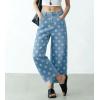 image:imagechouyatou Womens Y2k Floral Printed Wide Leg Jeans Boho Distressed Cropped Jeans High Waisted Baggy Denim PantsLight Blue