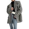 image:imagechouyatou Women Checkered Tweed Blazer Trench Coat Notch Lapel Mid Long Business Casual Jacket OuterwearBlack