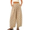image:imagechouyatou Women Summer Boho Cotton Linen Polka Dot Pants Beach Elastic Waist Palazzo Wide Leg Barrel PantsKhaki Brown