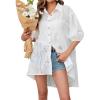 image:imagechouyatou Womens Boho Eyelet Lace Embroidery Button Down Shirts Short Sleeve High Low Crochet Long Tunic TopsWhite