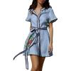 image:imagechouyatou Womens Boho Floral Button Down Belted Shirt Mini Dress Short Sleeve Cotton Tunic Beach Dress with PocketsBlue