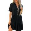 image:imagechouyatou Womens Button Up Polo Collared Cotton Linen Loose Dress Short Sleeve Ruffle Babydoll Tunic Mini DressBlack