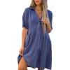 image:imagechouyatou Womens Button Up Polo Collared Cotton Linen Loose Dress Short Sleeve Ruffle Babydoll Tunic Mini DressBlue