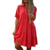 image:imagechouyatou Womens Button Up Polo Collared Cotton Linen Loose Dress Short Sleeve Ruffle Babydoll Tunic Mini DressRed