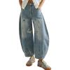 image:imagechouyatou Womens Distressed Barrel Jeans Y2K Camouflage Print Wide Leg Jeans High Waisted Denim Ankle PantsLight Blue