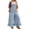 image:imagechouyatou Womens Distressed Striped Denim Overalls Jeans Boyfriend Y2K Ruffled Wide Leg Denim Pant JumpsuitsBlue