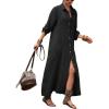 image:imagechouyatou Womens Elegant Pleated Button Down Maxi Shirt Dress Rolled Up Long Sleeve Loose Fit Tunic Shift Long DressBlack
