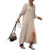 image:imagechouyatou Womens Elegant Pleated Button Down Maxi Shirt Dress Rolled Up Long Sleeve Loose Fit Tunic Shift Long DressKhaki