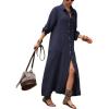 image:imagechouyatou Womens Elegant Pleated Button Down Maxi Shirt Dress Rolled Up Long Sleeve Loose Fit Tunic Shift Long DressNavy Blue