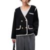 image:imagechouyatou Womens Fall VNeck Contrast Color Knit Cardigan Sweater Double Breasted Tweed Sweater BlazerBlack