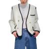 image:imagechouyatou Womens Fall VNeck Contrast Color Knit Cardigan Sweater Double Breasted Tweed Sweater BlazerWhite