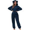 image:imagechouyatou Womens Furry Sherpa Onesie Pajamas Lounge Heart Jacquard One Piece Romper Cute Ear Hood JumpsuitNavy Blue