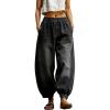 image:imagechouyatou Womens Gingham Ruffle Hem Palazzo Trousers Flared Leg Elastic Waist Wide Leg Cotton Crop PantsBlack Grey