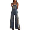 image:imagechouyatou Womens Plaid Patchwork Denim Bib Overalls Y2k Distressed Suspender Strap Jeans Wide Leg Jumpsuit PantsBlue