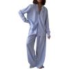 image:imagechouyatou Womens Striped Pajama 2 Piece Sets Button Down Shirt and Wide Leg Pant Lounge Set Casual Loose SleepwearBlue