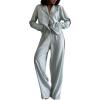 image:imagechouyatou Womens Striped Pajama 2 Piece Sets Button Down Shirt and Wide Leg Pant Lounge Set Casual Loose SleepwearGreen