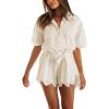 image:imagechouyatou Womens Summer Crochet Eyelet Lace Rompers Button Down Bohemian Vacation Shorts JumpsuitWhite