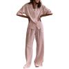 image:imagechouyatou Womens Two Piece Striped Pajama Sets Short Sleeve Shirt and Pant Lounge Set Casual Loose SleepwearPink