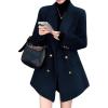 image:imagechouyatou Womens Winter Wool Trench Coat Blazer Jacket Notched Collar Dressy Mid Long Peacoat OuterwearNavy Blue